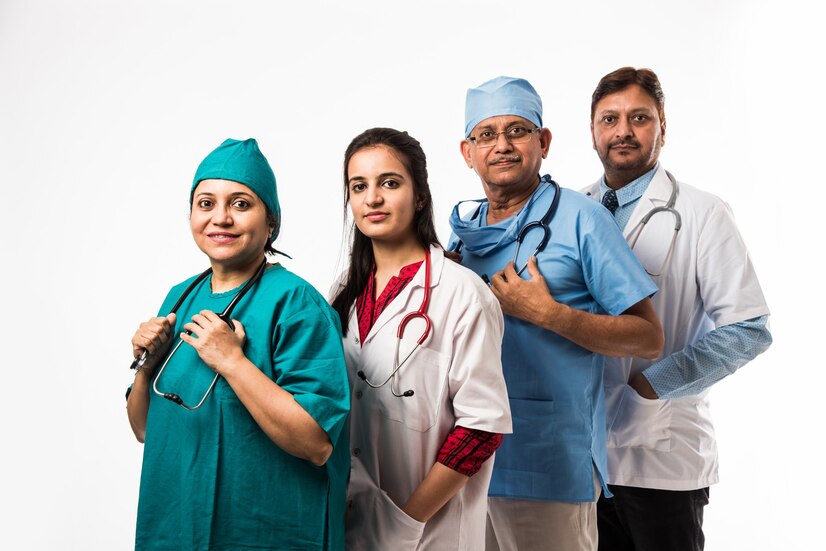 group indian medical doctors male female standing isolated white background selective focus_466689 33741